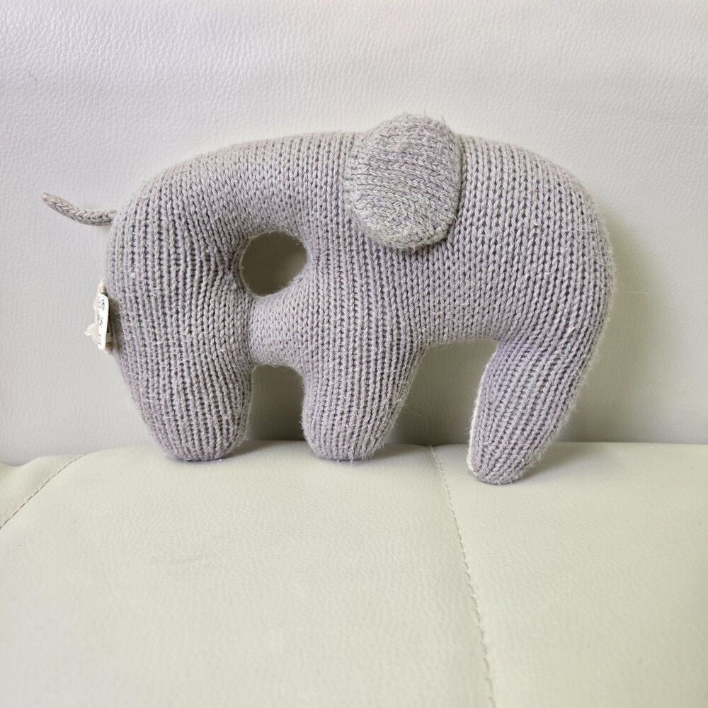 BLABLA Hand-Knit Elephant Stuffed Animal Plush Toy Rattle - Cream & Gray